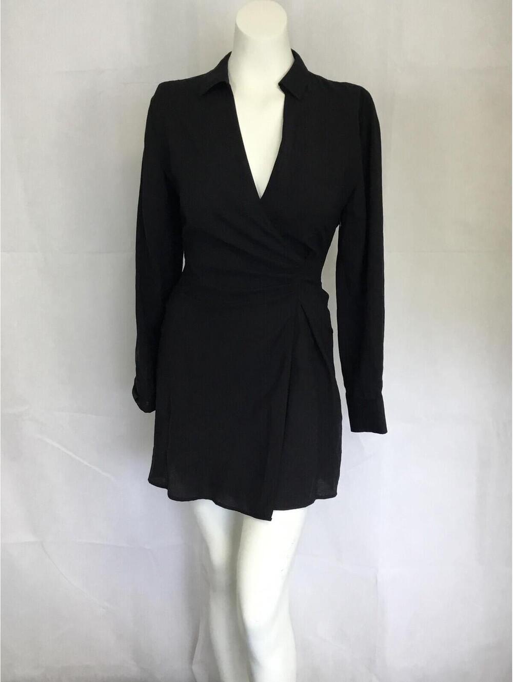 [360] Zara Dress Womens XS Black Collared Wrap Ruched Shirt Mini Long Sleeve